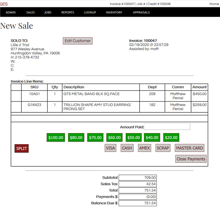 screen shot of the POS new sale screen