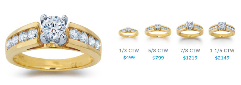 Same engagement ring shown in different ctw